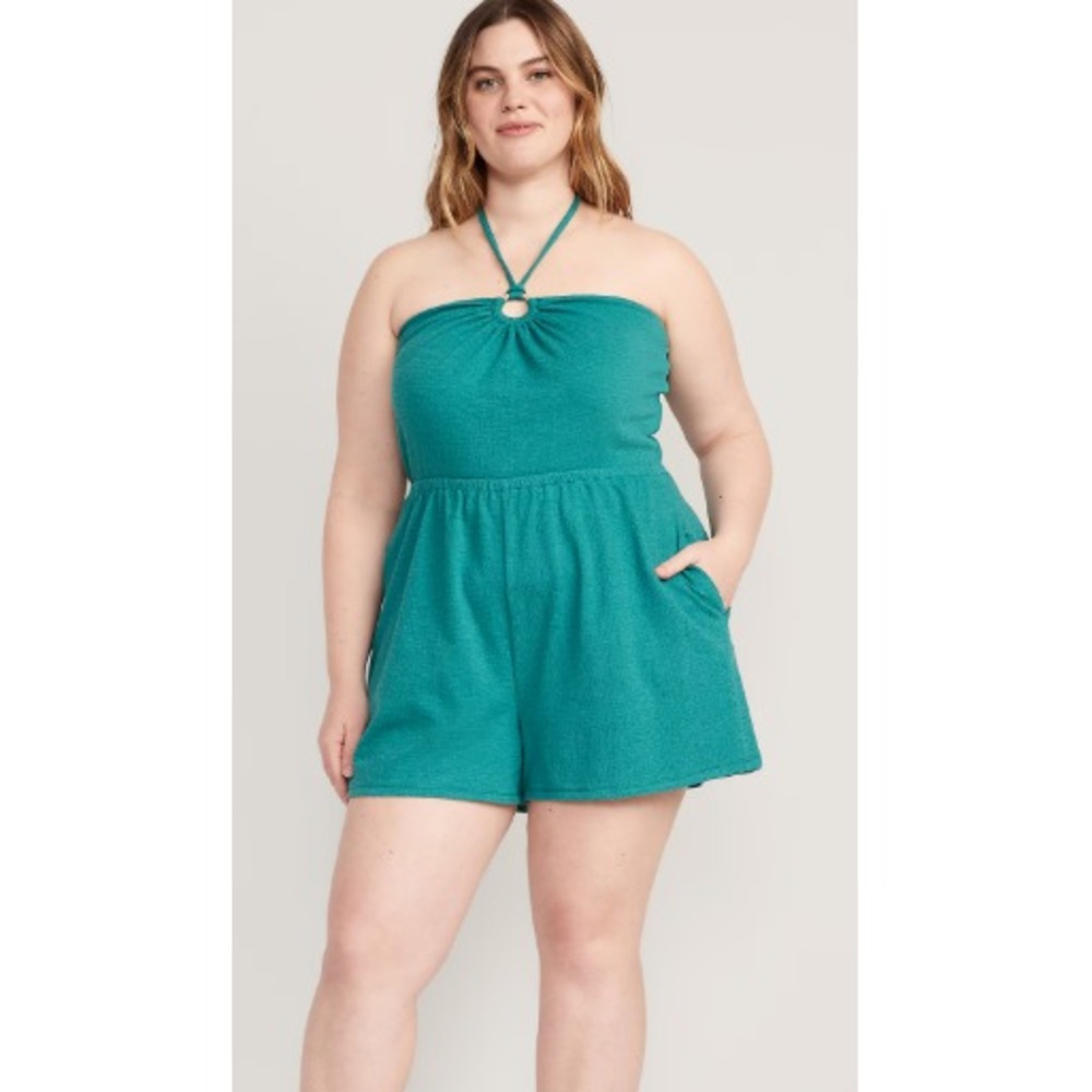 Old Navy Plus 2X Ocean Wave Teal Textured‎ Halter Smocked Waist Romper Vacation